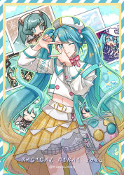 Rule 34 | 1girl, absurdres, aqua eyes, aqua hair, aqua nails, bag, belt, blonde hair, blush, bow, bowtie, closed mouth, commentary, copyright name, cropped jacket, finger frame, finger frame over eye, goodsmile racing, gradient hair, hair between eyes, hair ornament, hatsune miku, hatsune miku expo, highres, intergalactic bound (vocaloid), jacket, long hair, looking at viewer, magical mirai (vocaloid), magical mirai miku, magical mirai miku (2024), midriff, miku symphony (vocaloid), multicolored hair, multicolored nails, navel, nobinobida, official alternate costume, official alternate hairstyle, one eye closed, pink bow, pink bowtie, pink nails, plaid clothes, plaid skirt, pleated skirt, racing miku, racing miku (2024), shorts, shorts under skirt, shoulder bag, skirt, smile, twintails, twitter username, very long hair, vocaloid, white belt, white jacket, white shorts, yellow skirt, yuki miku, yuki miku (2024)