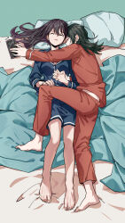 Rule 34 | 2girls, absurdres, bang dream!, bang dream! it&#039;s mygo!!!!!, barefoot, black hair, blue shirt, blue shorts, cellphone, closed eyes, commentary, highres, holding hands, hug, interlocked fingers, joker (jjjokerrr233), long hair, lying, medium hair, mole, mole under eye, multiple girls, open mouth, pajamas, pants, phone, red pants, red shirt, shiina taki, shirt, shorts, smartphone, yahata umiri, yuri