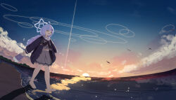 &gt;_&lt; 1girl :d absurdres ahoge barefoot beach bird blue_archive blue_hair blue_sky cloud commentary gradient_sky hair_ornament halo highres holding holding_shoes holding_unworn_clothes jacket long_hair long_sleeves low_twintails multicolored_hair navel neckerchief ocean open_mouth orange_sky pink_hair pleated_skirt purple_eyes reisa_(blue_archive) sailor_collar scenery school_uniform serafuku shoes simple_bird skirt sky smile star_(symbol) star_hair_ornament twintails two-tone_hair unworn_shoes user_uecy3552 walking xd