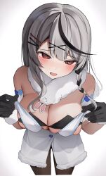 1girl amane_(andwys9por1) black_gloves black_hair black_leotard braid breasts cleavage coat_dress cosplay don-chan_(usada_pekora) dress fur-trimmed_dress fur-trimmed_gloves fur_trim gloves grey_hair hair_ornament hairpin highres hololive large_breasts leotard multicolored_hair open_mouth pantyhose red_eyes sakamata_chloe solo streaked_hair sweat usada_pekora usada_pekora_(1st_costume) usada_pekora_(cosplay) virtual_youtuber white_dress