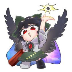 Rule 34 | 1girl, :d, arm cannon, arm up, asymmetrical footwear, black boots, black hair, black sun, black wings, boots, bow, chibi, chibi only, collared shirt, full body, green bow, green skirt, hair bow, looking at viewer, open mouth, outstretched arm, print cape, red eyes, reiuji utsuho, rn (sbr2933090), shirt, short hair, short sleeves, simple background, skirt, smile, solo, standing, star (symbol), star print, sun, third eye, third eye on chest, touhou, weapon, white background, white shirt, wings