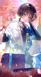 1girl 2boys aether_(genshin_impact) ahoge anchor_print animal animal_on_lap animalization aranara_(genshin_impact) ararycan_(genshin_impact) armor black_bodysuit black_bridal_gauntlets black_gloves black_hair black_shirt black_shorts blonde_hair blue_cape blue_kimono blue_ribbon blue_sleeves blunt_ends blush boat_print bodysuit box bridal_gauntlets cape cat cat_on_lap character_name cherry_blossoms dated eyeliner eyeshadow falling_petals genshin_impact gift gift_box gloves gold_ring grass hand_up happy_birthday highres japanese_armor japanese_clothes juban kimono kote kurokote layered_sleeves lifebuoy_print long_hair looking_at_another looking_at_object low-braided_long_hair low-tied_long_hair makeup middle_ring multiple_boys nero_hanken on_lap open_clothes open_hand open_kimono open_mouth outdoors outstretched_arm paimon_(genshin_impact) person_and_animalization petals pink_petals purple_eyes red_eyeliner red_eyeshadow ribbon scaramouche_(cat)_(genshin_impact) scaramouche_(genshin_impact) scarf shirt short_hair short_hair_with_long_locks short_sleeves shorts shoulder_peek sidelocks sitting sweatdrop tareme turtleneck turtleneck_bodysuit wanderer_(genshin_impact) white_hair white_kimono white_romper white_scarf white_sleeves yellow_eyes