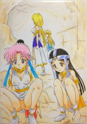 4girls absurdres armband ashigaki_radar black_hair blonde_hair blush boots breasts brown_eyes bun_cover cave censored cleavage collarbone dragon_quest dragon_quest_dai_no_daibouken dress female_focus grey_footwear hair_bun hair_ornament hair_ribbon highres large_breasts loli looking_down maam medium_breasts merle_(dai_no_daibouken) multiple_girls no_panties parted_lips peeing peeing_together pink_hair ponytail princess_leona pussy queen_flora ribbon single_hair_bun sleeveless sleeveless_dress small_breasts squatting standing sweat teeth white_dress