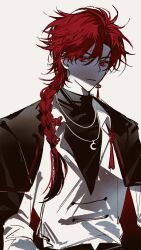 1boy black_jacket black_pants black_shirt braid braided_ponytail cc69226262 chinese_commentary chinese_knot closed_mouth collared_shirt earrings grey_background hair_between_eyes hair_over_shoulder highres jacket jacket_on_shoulders jewelry long_hair long_sleeves looking_at_viewer male_focus necklace pants red_eyes red_hair shade shiguang_dailiren shirt simple_background single_braid single_earring solo tassel tassel_earrings turtleneck upper_body white_background white_shirt xiao_weiying