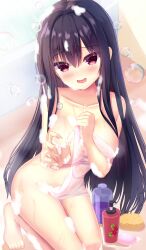 Rule 34 | 1girl, absurdres, barefoot, bathing, bathroom, black hair, blurry, blurry background, blush, breasts, collarbone, commentary request, covering breasts, covering privates, eyes visible through hair, feet, female pervert, furrowed brow, groin, hair between eyes, hair down, hair intakes, hair over breasts, hamidashi creative, hand up, highres, iem960088, indoors, kamakura shio, kneeling, knees out of frame, large breasts, long hair, naked towel, open mouth, partial commentary, pervert, reaching, reaching towards viewer, red eyes, shampoo bottle, sidelocks, smile, soap bubbles, solo, sponge, straight hair, tiptoes, toenails, toes, towel, very long hair, wet
