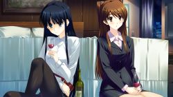 10s 2girls alcohol bed belt black_hair blue_eyes bottle brown_eyes brown_hair cup drinking_glass female_focus game_cg hime_cut holding long_hair multiple_girls nakamura_takeshi office_lady ogiso_setsuna pantyhose touma_kazusa two_side_up white_album_(series) white_album_2 wine wine_bottle wine_glass
