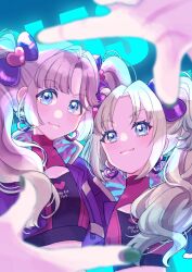 Rule 34 | 2girls, :3, above cleavage cutout, anyoji hime, blast!! (love live!), blonde hair, blue eyes, bow, closed mouth, commentary request, earrings, finger frame, finger frame duo, gradient hair, hair bow, hair ornament, heart, heart earrings, heart hair ornament, highres, jewelry, link! like! love live!, long hair, looking at viewer, love live!, midriff, mira-cra park!, multicolored hair, multiple girls, official alternate costume, official alternate hairstyle, osawa rurino, parted bangs, pink hair, purple bow, sidelocks, smile, tamago (tmgo o), twintails, upper body, virtual youtuber