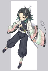 Rule 34 | 1girl, absurdres, alternate hairstyle, belt, black hair, black jacket, black pants, blue hair, butterfly hair ornament, closed eyes, commentary request, cosplay, demon girl, demon horns, demon tail, fang, flat chest, full body, grey background, hair ornament, haori, highres, horns, jacket, japanese clothes, katana, kimetsu no yaiba, kimono, kochou shinobu, kochou shinobu (cosplay), long sleeves, medium hair, multicolored hair, nanashi inc., pants, parted bangs, rose22, sandals, shirt, shishio chris, smile, solo, sugar lyric, sword, tail, two-tone background, two-tone hair, virtual youtuber, weapon, white background, white belt, white shirt, zouri