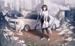 1girl absurdres arknights black_hairband black_pantyhose black_skirt brown_hair car closed_mouth coat commentary_request day full_body hairband highres holding holding_removed_eyewear light_smile long_sleeves looking_at_viewer medium_hair motor_vehicle outdoors pantyhose pink_eyes plant priestess_(arknights) purple_ribbon ribbon rubble ruins shoes skirt solo standing sweater turtleneck turtleneck_sweater unworn_eyewear white_coat white_shoes white_sweater yanque