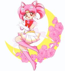 1990s_(style) 1girl \m/ back_bow bad_id bad_twitter_id bishoujo_senshi_sailor_moon boots bow bowtie brooch chibi_usa choker circlet commentary cone_hair_bun crescent crescent_earrings crescent_moon dot_nose double_bun earrings english_commentary eyelashes faux_retro_artstyle flower full_body gradient_sky hair_bun hair_ornament happy heart heart_brooch heart_choker high_heel_boots high_heels highres honeymoonpetal jewelry knee_boots leg_up leotard light_blush magical_girl miniskirt moon official_style open_mouth parted_bangs pink_boots pink_bow pink_brooch pink_choker pink_flower pink_hair pink_skirt pink_sleeves pleated_skirt pointing red_bow red_bowtie red_eyes retro_artstyle ringlets sailor_chibi_moon see-through_clothes see-through_sleeves short_hair short_sleeves short_twintails skirt sky smile solo super_sailor_chibi_moon tareme twintails white_background white_leotard white_skirt