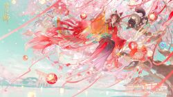 Rule 34 | 1girl, brown hair, dress, lantern, long hair, onmyoji, red dress, sky, watermark, weibo watermark, yangming li wan dianfen chang
