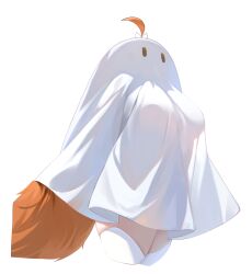 1girl absurdres ahoge andychen breasts cropped_legs ghost_costume highres large_breasts meridian_project simple_background solo standing tail thighhighs virtual_youtuber white_background white_thighhighs yuzumi_(meridian_project)