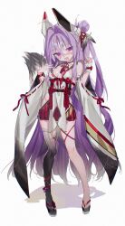 1girl :d @_@ ahoge animal_ears ankle_strap asymmetrical_legwear black_sandals black_thighhighs blush bowlegged_pose breasts crossed_bangs fish fox_ears fox_shadow_puppet fox_tail funa_(sakana) hair_bun hair_intakes hair_ornament hair_ribbon hand_on_own_chest head_tilt highres hip_dips leg_ribbon long_hair looking_at_viewer nervous_sweating nontraditional_miko open_mouth original purple_hair red_ribbon ribbon sandals single_wrist_cuff small_breasts smile solo standing sweat tail thigh_ribbon thighhighs two-tone_thighhighs very_long_hair wide_sleeves wrist_cuffs wrist_ribbon x_x