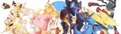 2girls ampharos audino bad_id bad_pixiv_id bandana bare_shoulders black_hair black_jacket blissey blonde_hair blue_eyes braid brown_eyes crop_top crossover dark-skinned_female dark_skin dress_shirt earrings emolga empoleon eye_of_horus facial_mark facial_tattoo gen_1_pokemon gen_2_pokemon gen_3_pokemon gen_4_pokemon gen_5_pokemon golduck hair_tubes hand_up highres jacket jewelry jolteon long_sleeves lucario luxray manectric mega_ampharos mega_audino mega_lucario mega_manectric mega_pokemon mercy_(overwatch) minun multiple_girls nintendo nyasa overwatch overwatch_1 pharah_(overwatch) pikachu poke_ball pokemon pokemon_(creature) ponytail shirt short_hair short_sleeves side_braids sidelocks smile tattoo upper_body white_shirt