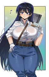 1girl absurdres arato_nagi belt black_hair blue_pants border breasts collared_shirt commission curvy denim gamjasssak gloves gradient_background hair_between_eyes hammer highres holding holding_brush jeans large_breasts long_hair looking_at_viewer pants pixiv_commission purple_eyes ruri_no_houseki shirt sleeves_rolled_up smile solo sweat utility_belt very_long_hair wet wet_clothes wet_shirt white_border white_gloves white_shirt