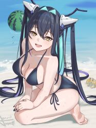 1girl absurdly_long_hair alternate_costume aobaryuu aqua_hair ass beach bikini black_bikini black_hair breasts cleavage commentary crab feet food fruit goddess_of_victory:_nikke highres little_mermaid_(nikke) long_hair medium_breasts multicolored_hair nail_polish ocean purple_hair sand side-tie_bikini_bottom solo swimsuit very_long_hair watermelon yellow_eyes