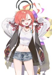 1girl ahoge arms_behind_head arms_up black_choker blue_archive blue_shorts braid choker collarbone cowboy_shot crop_top cutoff_jeans cutoffs denim denim_shorts halo highres jacket jewelry jjigong_chigon long_sleeves looking_at_viewer midriff mole mole_under_each_eye mole_under_eye multiple_moles navel necklace neru_(blue_archive) one_eye_closed open_clothes open_jacket red_eyes shirt short_hair short_shorts shorts simple_background single_braid smile solo standing sukajan twitter_username watermark white_background white_shirt