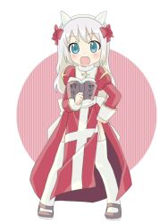 1girl back_bow blue_eyes blush book bow brown_shoes commentary_request cone_horns cross cross_necklace dress fake_horns fang full_body garter_straps grey_hair hair_bow hairband hand_on_own_hip high_priest_(ragnarok_online) holding holding_book horns jewelry juliet_sleeves long_hair long_sleeves looking_at_viewer mary_janes necklace open_mouth pelvic_curtain porinu puffy_sleeves ragnarok_online red_bow red_dress sash shoes solo thighhighs two-tone_dress white_background white_bow white_dress white_hairband white_horns white_sash white_thighhighs