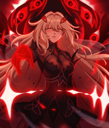 1girl absurdres arm_up black_dress blonde_hair blurry blurry_background chalseu claws colored_skin commentary detached_sleeves dress english_commentary eye_symbol floating floating_hair genshin_impact glowing glowing_eyes glowing_skin glowing_wings hair_between_eyes hair_floating_upwards hair_intakes hair_ornament head_tilt highres long_hair looking_at_viewer multicolored_hair multicolored_skin orange_eyes parted_lips pink_lips pointing powering_up reaching reaching_towards_viewer red_background red_claws red_wings ronova_(genshin_impact) shade skin_tight solo symbol-shaped_pupils teeth thick_lips two-tone_skin upper_body wavy_hair wings