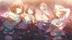 4girls asakura_toru badge bare_shoulders blue_bow blue_skirt bow earrings fukumaru_koito highres higuchi_madoka ichikawa_hinana idolmaster idolmaster_shiny_colors jewelry multicolored_hair multiple_girls noctchill_(idolmaster) ocean official_art open_mouth shirt short_hair skirt twintails water white_shirt