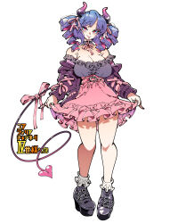 1girl breasts choker closed_mouth collarbone colored_inner_hair commentary_request demon_girl demon_horns demon_tail dress drill_hair full_body gradient_hair heart heart-shaped_pupils highres horns kafun long_sleeves looking_at_viewer medium_breasts mole mole_on_breast mole_under_eye multicolored_hair off-shoulder_dress off_shoulder original pink_hair purple_hair red_eyes shoes simple_background smile socks solo standing symbol-shaped_pupils tail translation_request twin_drills two-tone_hair white_background white_socks