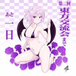 Rule 34 | 1girl, bat wings, bikini, black bikini, blush, breasts, commentary request, flower, highres, kneeling, looking at viewer, navel, pink hair, red eyes, remilia scarlet, rose, short hair, small breasts, solo, swimsuit, touhou, wings, yamada satoshi