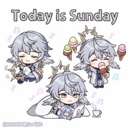 1boy black_footwear black_shirt blue_vest closed_eyes coat collared_shirt crossed_legs cup ear_piercing earrings food grey_hair halo head_wings honkai:_star_rail honkai_(series) ice_cream jewelry long_sleeves medium_hair multiple_views music pants piercing saucer shirt shoes simple_background sitting spiked_halo sumipic sunday_(honkai:_star_rail) teacup vest white_background white_coat white_pants wings wiping