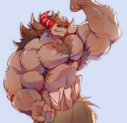 1boy abs armpit_hair armpits bara bare_pectorals biceps brown_fur brown_hair chest_hair colored_sclera commentary cookie_run english_commentary fangs flexing furry furry_male highres horns looking_at_viewer male_focus muscular muscular_male pectorals red_sclera schwarzwalder_(cookie_run) smile topless_male yuhei_ubigoreng