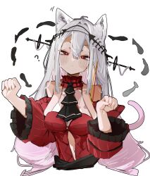 Rule 34 | 1girl, :/, absurdres, animal ears, arknights, ascot, bare shoulders, black ascot, blush stickers, breasts, bright pupils, cat ears, clothing cutout, cropped torso, detached sleeves, dot nose, dress, fish skeleton, frilled sleeves, frills, hair between eyes, hair intakes, hands up, highres, kemonomimi mode, long hair, looking at viewer, medium breasts, navel, navel cutout, no gloves, no headwear, official alternate costume, paw pose, red dress, red eyes, simple background, skadi (arknights), skadi the corrupting heart (arknights), solo, stomach cutout, taiiiyakiii, translation request, upper body, white background, white hair, white pupils