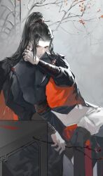 1boy absurdres belt black_cape black_hair black_sleeves black_tunic branch cape closed_mouth curtained_hair earrings falling_petals feet_out_of_frame floating_earring flower hair_ornament hair_pulled_back hair_stick head_down high_ponytail highres holding holding_branch jewelry legs_on_table male_focus medium_hair mole mole_under_eye nanfengpiaobudong orange_eyes original pants pectorals petals ponytail puffy_sleeves red_flower red_petals single_bang sitting skin_tight solo table three-quarter_sleeves three_quarter_view tunic upturned_eyes vambraces veins veiny_hands white_pants