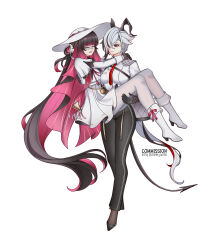 Rule 34 | 2girls, absurdres, ankle boots, arlecchino (genshin impact), arm around neck, artist name, black gloves, black hair, black horns, black jacket, black pants, black shoes, black tail, boots, breasts, carrying, charlie purrito, chest harness, closed eyes, closed mouth, columbina (genshin impact), commentary, commission, cosplay, curled horns, demon tail, english commentary, eye mask, full body, genshin impact, gloves, hair over one eye, hair ribbon, harness, hat, high-waist skirt, highres, horns, jacket, jacket on shoulders, large breasts, long hair, long sleeves, looking at another, multicolored hair, multiple girls, necktie, pants, pantyhose, phoebe (wuthering waves), phoebe (wuthering waves) (cosplay), pink hair, princess carry, red eyes, red necktie, red sash, ribbon, sash, shirt, shoes, simple background, skirt, smile, tail, two-tone hair, very long hair, white background, white boots, white hair, white hat, white pantyhose, white ribbon, white shirt, white skirt, wuthering waves, zani (wuthering waves), zani (wuthering waves) (cosplay)