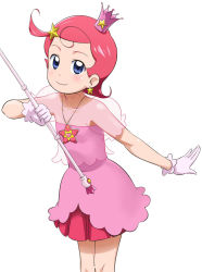 1girl ahoge bare_shoulders blue_eyes blush comet_(character) comet_(comet-san) cosmic_baton_girl_comet-san crown dress female_focus flat_chest gloves hair_ornament heart jewelry magical_girl necklace pendant pink_hair pleated_skirt see-through_clothes short_dress short_hair simple_background skirt smile solo standing star_(symbol) turtleneck wand white_gloves youkan