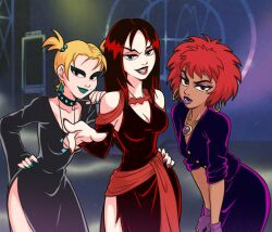 Rule 34 | 3girls, amulet, bat necklace, black eyes, black hair, blonde hair, breasts, choker, cleavage, dark-skinned female, dark skin, dress, dusk (scooby-doo), earrings, eyeshadow, fangs, gloves, goth fashion, green eyes, green eyeshadow, green lips, group picture, hand on own hip, hex girls, highres, hoop earrings, jewelry, lipstick, long hair, looking at viewer, luna (scooby-doo), makeup, medium breasts, mole, mole above mouth, mole on cheek, multicolored hair, multiple girls, pointing, pointing at viewer, purple eyes, purple eyeshadow, purple lips, red hair, red lips, red nails, red sash, sash, scooby-doo, scooby-doo and the witch&#039;s ghost, short hair, short twintails, smile, stage, studded choker, ta-na (tana351), thorn (scooby-doo), twintails, two-tone hair