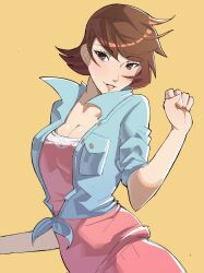 1girl absurdres blue_shirt breasts brown_eyes brown_hair camisole cleavage earrings exceedxatu head_tilt highres jewelry looking_at_viewer official_alternate_costume persona persona_3 persona_4:_the_ultimate_in_mayonaka_arena persona_4:_the_ultimax_ultra_suplex_hold pink_camisole popped_collar shirt smile stud_earrings takeba_yukari yellow_background