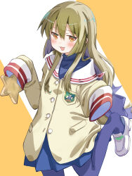 Rule 34 | 1girl, akayama yukihe, black leggings, blonde hair, blush, brown eyes, clannad, hair between eyes, highres, hikarizaka private high school uniform, holding, holding star, ibuki fuuko, leggings, long hair, long sleeves, looking at viewer, low-tied long hair, open mouth, school uniform, serafuku, shoes, simple background, skirt, solo, star (symbol), white shoes