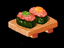 black_background egg_yolk fish_(food) food food_focus gunkanmaki highres hisachan55cute ikura_(food) no_humans nori_(seaweed) original pixel_art scenery shadow simple_background sushi sushi_geta wasabi
