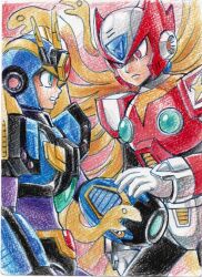 Rule 34 | 2boys, android, arm cannon, armor, battle, blonde hair, blue armor, blue helmet, chest jewel, cosplay, cowboy shot, helmet, hijiriiyaa, krita (medium), long hair, male focus, mega man (series), mega man x5, mega man x (series), multiple boys, red armor, red eyes, red helmet, snake hair, traditional media, ultimate armor x (mega man), ultimate armor x (mega man) (cosplay), weapon, x (mega man), zero (mega man)
