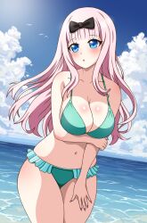1girl bikini bird bird_(artist) black_bow blue_eyes blue_sky blush bow breasts cloud fingernails fujiwara_chika highres kaguya-sama_wa_kokurasetai_~tensai-tachi_no_renai_zunousen~ large_breasts pink_hair pink_nails seagull sky swimsuit water