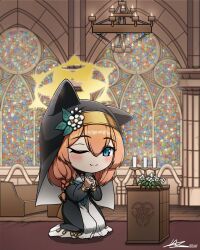 Rule 34 | 1girl, absurdres, altar, animal ears, blue archive, blue eyes, blush, candle, cat ears, chandelier, habit, hair between eyes, halo, highres, kneeling, light smile, mari (blue archive), nouni, nun, one eye closed, orange hair, pew, praying, solo, stained glass, trinity general school logo