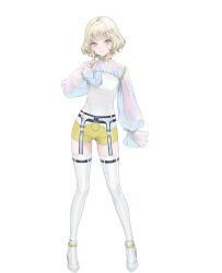 1girl belt blonde_hair breasts chloe_takanashi collar colored_eyelashes frilled_thigh_strap frills green_eyes hair_ornament heart heart_hair_ornament heart_o-ring high_heels idol iridescent light_smile long_sleeves looking_at_viewer negative_happy o-ring o-ring_belt o-ring_legwear_garter official_art ohisashiburi puffy_long_sleeves puffy_sleeves short_hair shorts standing thigh_strap thighhighs transparent_background yellow_collar yellow_shorts