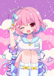 1girl ahoge blue_bow blue_hair blue_ribbon blue_skirt blush bow bow_legwear breasts colored_inner_hair commentary dress fang fingernails hair_bow hair_ribbon heart heart_print idolmaster idolmaster_cinderella_girls idolmaster_cinderella_girls_starlight_stage knees_up large_breasts looking_at_viewer medium_hair multicolored_hair one_eye_closed open_mouth pink_background pink_eyes pink_hair pink_nails ribbon rikaon short_sleeves sitting skirt smile socks solo thighs two-tone_hair v white_dress white_socks yellow_bow yumemi_riamu