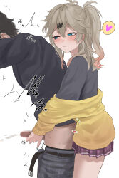 1boy 1girl absurdres assertive_female belt black_belt black_hair black_shirt blue_eyes blush brown_hair cardigan closed_mouth commentary_request cowboy_shot earrings eru_aise grey_pants handjob heart hetero highres jewelry kasukabe_tsumugi long_hair long_sleeves looking_at_another miniskirt one_side_up paid_reward_available pants penis penis_out pleated_skirt purple_skirt shirt simple_background skirt smile solo_focus spoken_heart trembling variant_set voicevox white_background yellow_cardigan