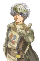 Rule 34 | 1boy, armor, belt, blue eyes, brown belt, cape, commentary request, cowboy shot, emblem, feliciel, gauntlets, grey cape, knight (ragnarok online), looking at viewer, lowres, male focus, pauldrons, ragnarok online, reaching, reaching towards viewer, short hair, shoulder armor, simple background, smile, solo, tabard, visor (armor), white background, white tabard