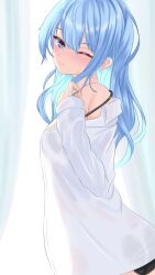 Rule 34 | 1girl, absurdres, armpit crease, ass, black bra, black panties, blue eyes, blue hair, bra, bra visible through clothes, breasts, closed mouth, highres, hololive, hoshimachi suisei, long hair, off shoulder, one eye closed, panties, rain lambda, shirt, small breasts, solo, star (symbol), star in eye, symbol in eye, underwear, virtual youtuber, white shirt