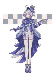 Rule 34 | 1girl, ahoge, ascot, bare legs, blue ascot, blue eyes, blue gloves, blue hat, blue jacket, blue shoes, brooch, commentary request, full body, furina (genshin impact), genshin impact, gloves, grey hair, hat, holding, holding scepter, jacket, jewelry, long hair, long sleeves, looking at viewer, scepter, shirt, shoes, short shorts, shorts, solo, splendor of tranquil waters (genshin impact), standing, thigh strap, top hat, toriniku (tori paku2), very long hair, white background, white gloves, white shirt, white shorts