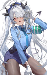 Rule 34 | 1girl, absurdres, alternate costume, blue archive, blue shirt, commentary, cuffs, dark-skinned female, dark skin, female service cap, grey hair, grey halo, hair over one eye, halo, handcuff dangle, handcuffs, hat, highres, holding, holding handcuffs, iori (blue archive), layer (shinobu), looking at viewer, necktie, pencil skirt, pointy ears, police, police badge, police hat, police uniform, policewoman, purple halo, shirt, skirt, solo, twintails, walkie-talkie, white background
