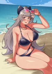 Rule 34 | 1girl, azur lane, beach, bikini, black bikini, bracelet, breasts, deliciousbrain, eyewear on head, flower, grey eyes, grey hair, hair flower, hair ornament, hair ribbon, highres, horizon, jewelry, large breasts, lips, looking at viewer, nail polish, navel, necklace, ocean, official alternate costume, ribbon, sitting, smile, solo, sunglasses, swimsuit, vittorio veneto (azur lane), vittorio veneto (the flower of la spezia) (azur lane)