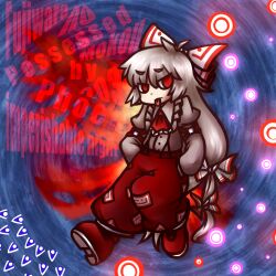 1girl ascot blue_background bow character_name chibi chibi_only danmaku fiery_wings fire fujiwara_no_mokou hair_bow hijiri_(xxhizirixx) long_hair long_sleeves looking_to_the_side ofuda ofuda_on_clothes pants red_ascot red_eyes red_pants solo spell_card suspenders touhou very_long_hair white_bow white_hair wings
