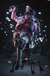 1girl apex_legends asian black_hair blue_eyes boots commentary cosplay cosplay_photo di_guan english_commentary final_fantasy final_fantasy_vii final_fantasy_vii_rebirth final_fantasy_vii_remake fingerless_gloves floating fur-trimmed_jacket fur_trim gloves grey_hoodie grey_thighhighs highres hood hood_up hoodie jacket kupo_power_wattson looking_to_the_side moogle moogle_(cosplay) official_alternate_costume parted_lips photo_(medium) pink_jacket red_boots red_gloves red_sweater ribbed_sweater rock short_hair sitting solo sweater thighhighs wattson_(apex_legends)
