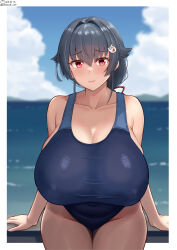 1girl beach blue_one-piece_swimsuit blue_sky blush breasts cleavage cloud cloudy_sky covered_navel day grey_hair hair_between_eyes hair_flaps hair_ornament hairclip highres huge_breasts jingei_(kancolle) kantai_collection long_hair looking_at_viewer low_ponytail mountain ocean old_school_swimsuit one-piece_swimsuit outdoors ponytail red_eyes school_swimsuit shiromaru_(maniado) sitting sky solo swimsuit water